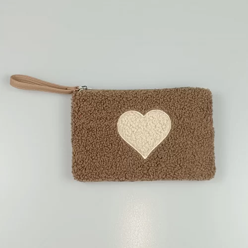 Brown Velvet Love Pattern Pouch Bag